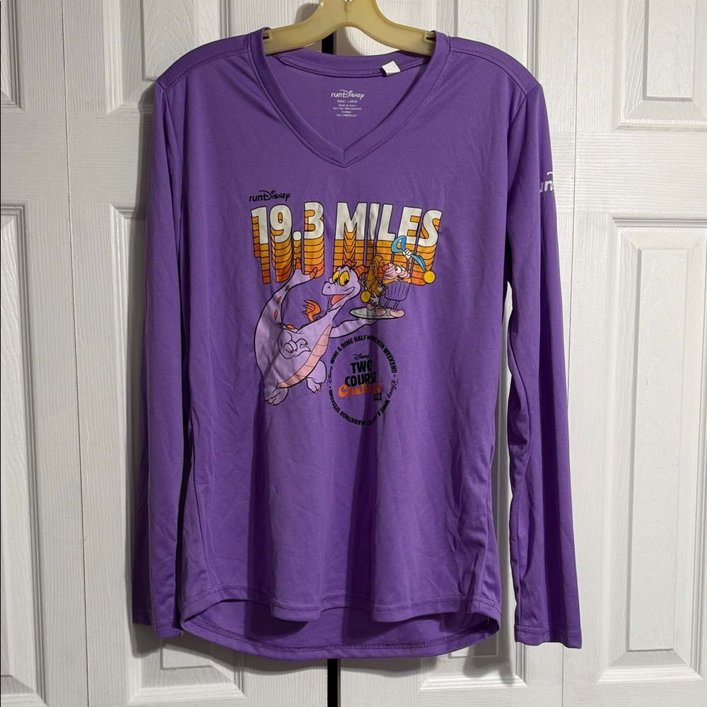 Run Disney Figment purple 2023 Wine & Dine active wear half marathon shirt LARGE
